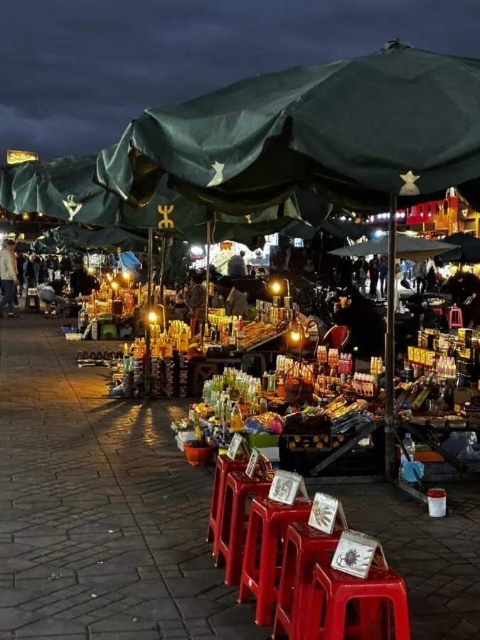 Stalls at Djema El Fnaa in Marrakech by night seen during our two days in Marrakech