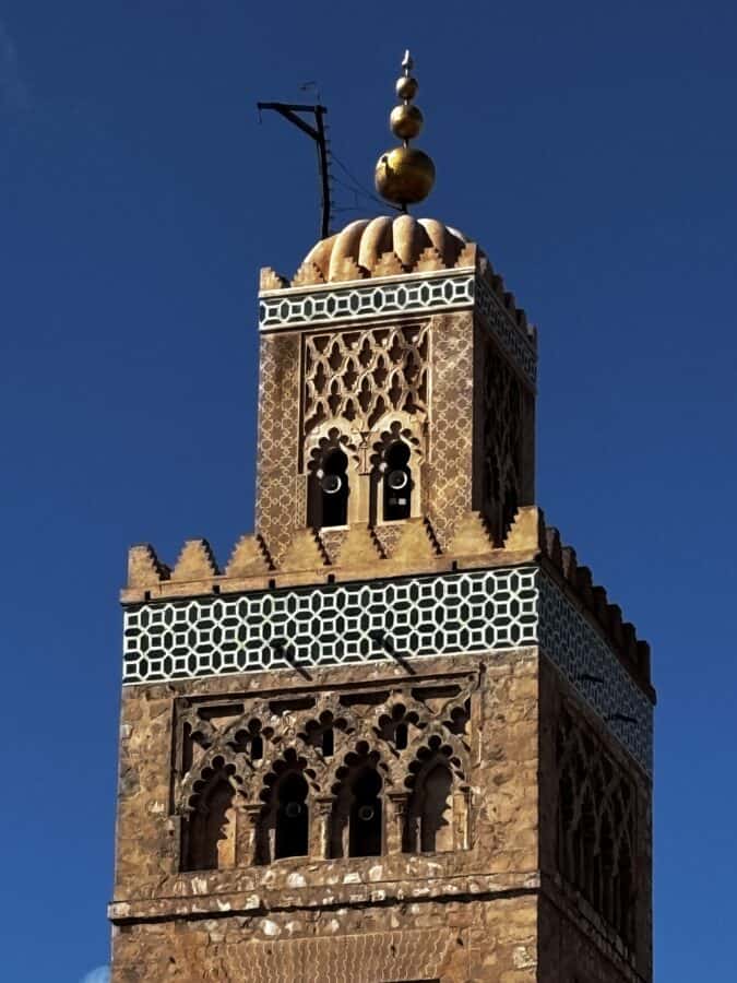 El Koutoubia Mosque in Marrakech with clear blue skies
