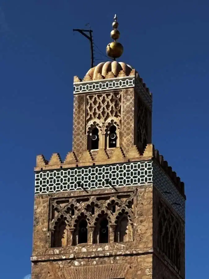 El Koutoubia Mosque in Marrakech with clear blue skies
