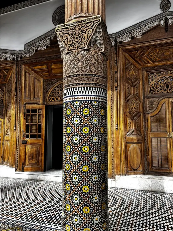 Decorated pillar and carved woodwork seen during our two days in Marrakech