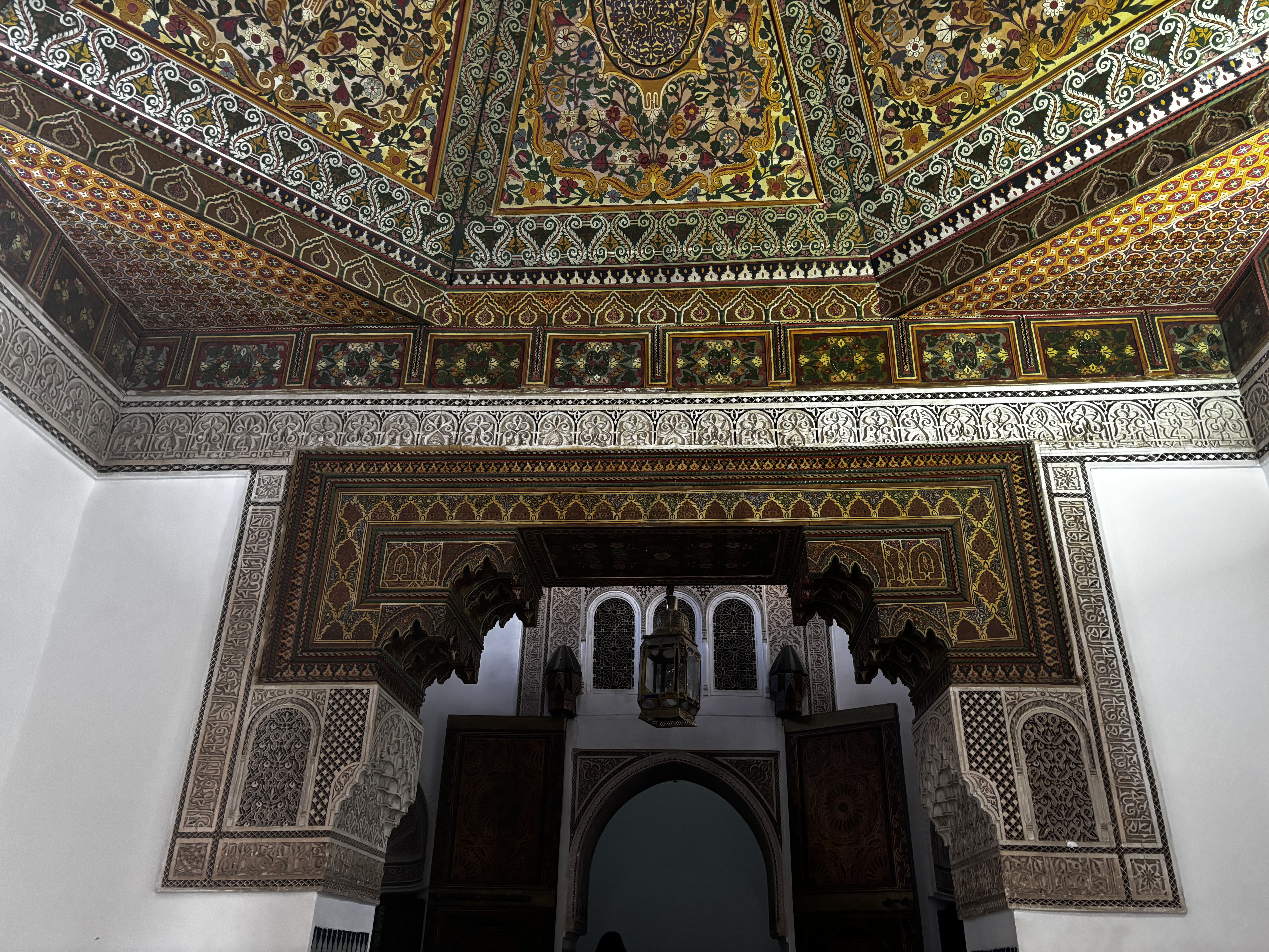 Stunning ceiling decorations in Bahia Palace, Marrakech, seen during our two days in Marrakech