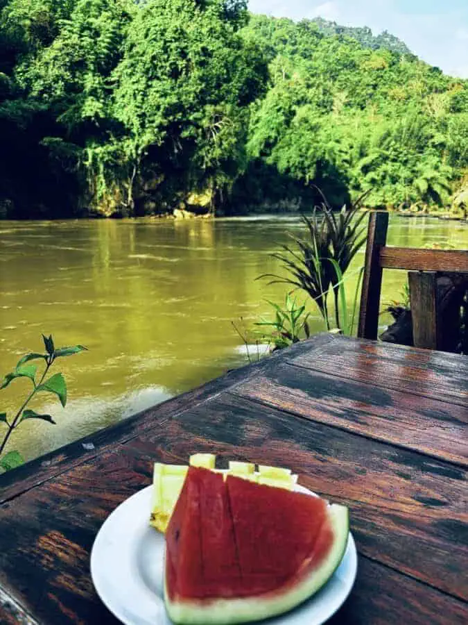 Slide of melon on a white plate on a table, with a green river and jungle trees in the background