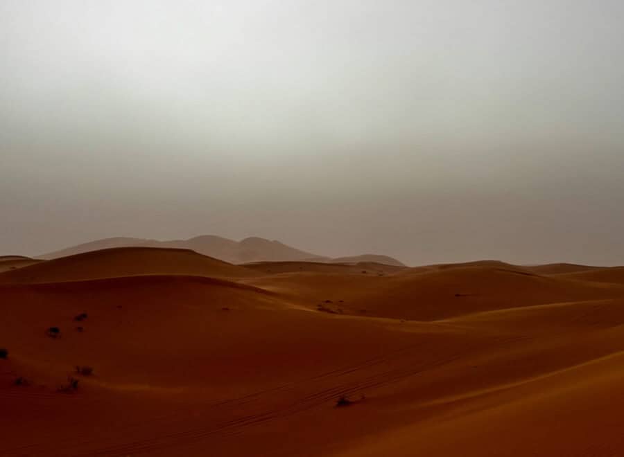 A vast desert landscape featuring rolling sand dunes with sparse vegetation, under a cloudy sky, illustrating the scenic wilderness in remote travel destinations.