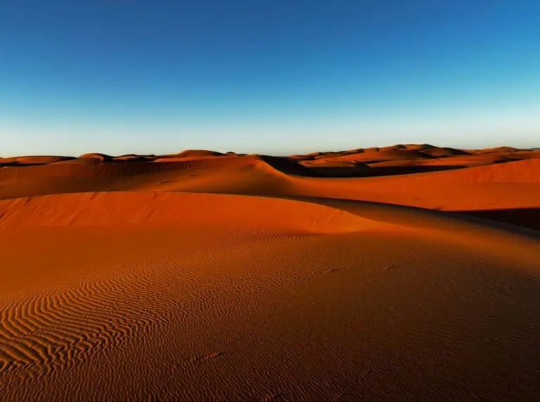 Vast desert dunes with red sands, flowing off into the distance with bright blue sky, taken at sunrise in the Erg Chebbi Desert, Morocco