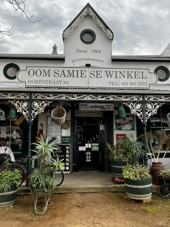 Frontal photograph of Victorian-style store called "Oom Samie Se Winkel", in Stellenbosch, South Africa