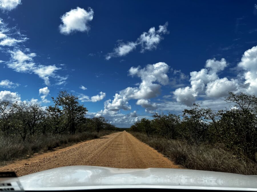 Dirt road as seen over the hood of a white car, blue sky and clouds. Kruger National Park Post to help decide: guided safari, game reserve or self-drive? 