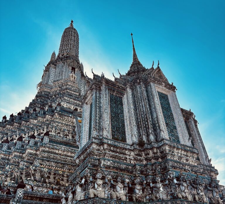 Side of Wat Arun temple with intricate detail, seen up close. Bangkok, Thailand