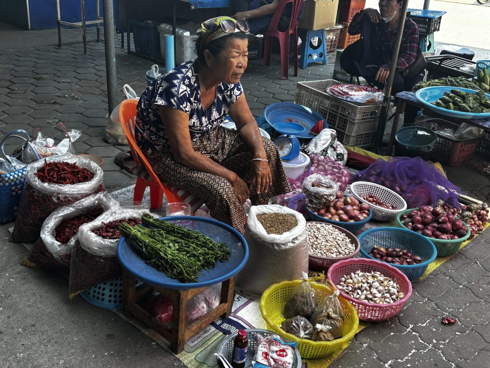 Older Thai woman sitting on a red plastic chair behind nuts, onions, fruit and garlic. 