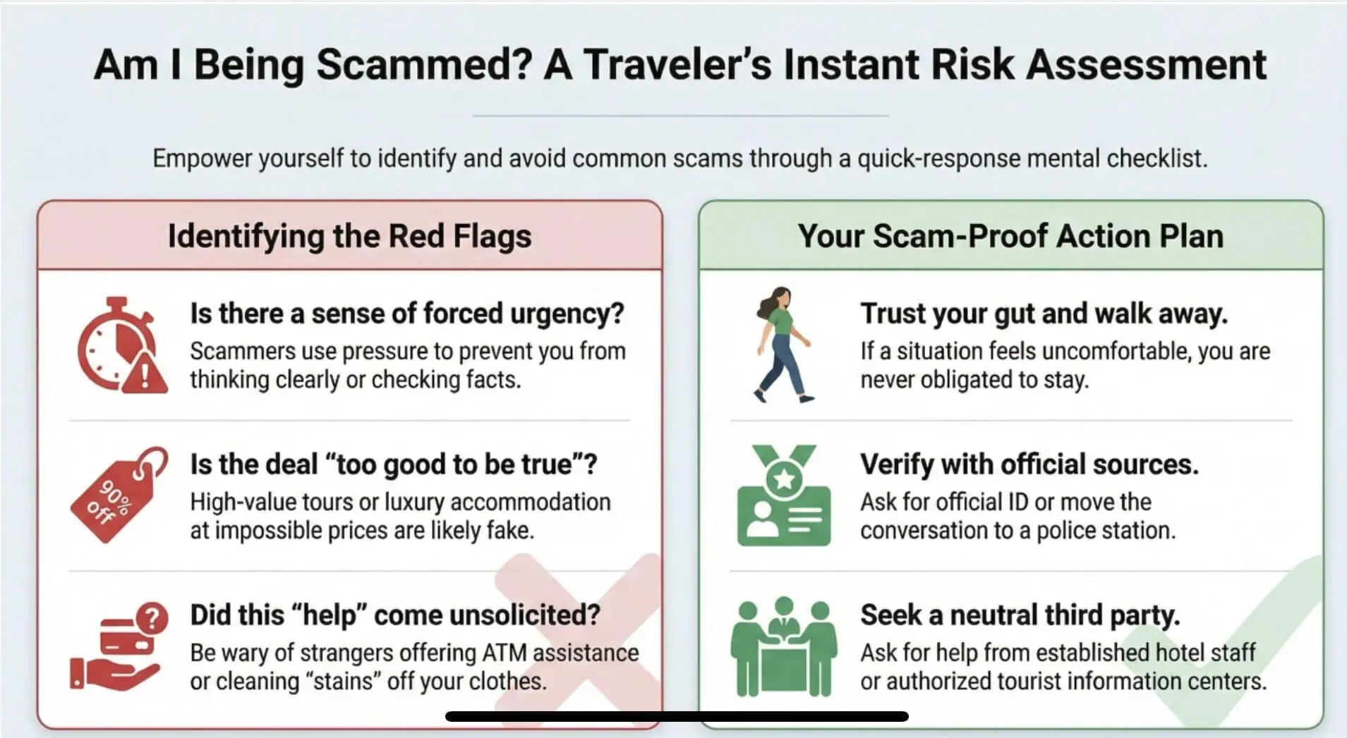 An infographic giving travellers a quick "Am I being scammed?" assessment. It gives red flags on the left side and a scam-proof action plan on the right side.
