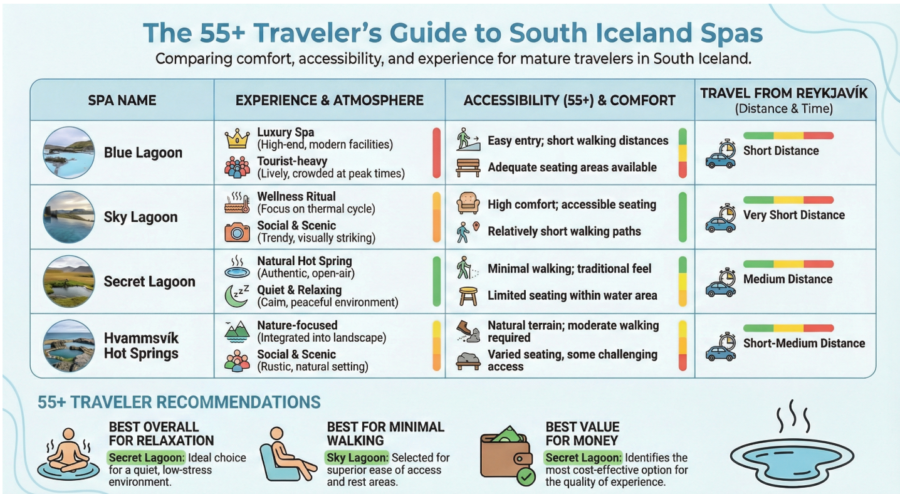 A comparison table of four Icelandic thermal spas