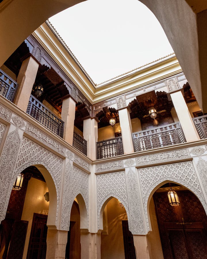 Beautiful interior courtyard of a traditional Moroccan riad in Marrakesh showcasing intricate design.