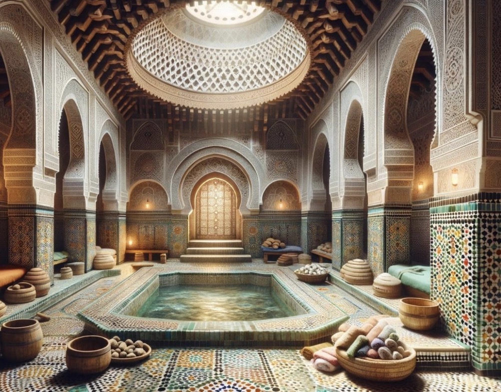Beautifully tiled hammam with pool and arches