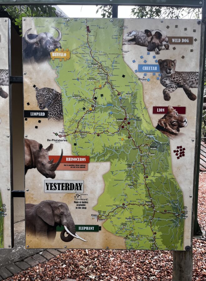 Billboard with a map of Kruger National Park, where visitors can indicate where they have last spotted the Big Five.
