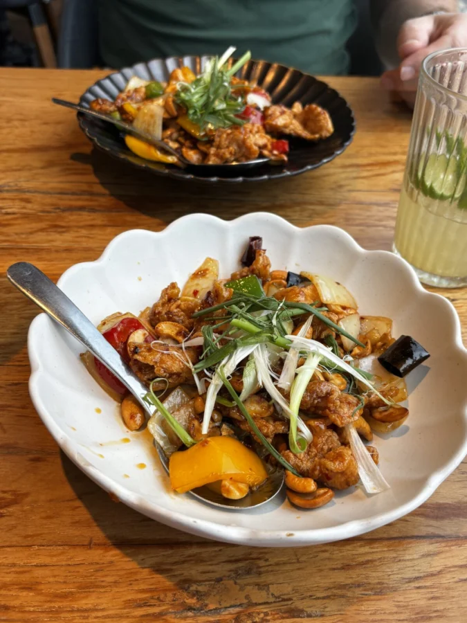 Plate of Thai food, cashews, chicken, carrot, all laid out beautifully. First time eating Thai food in Thailand. 