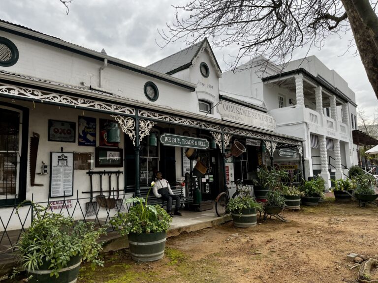Oom Samie se Winkel in Stellenbosch: Victorian shop front in white.