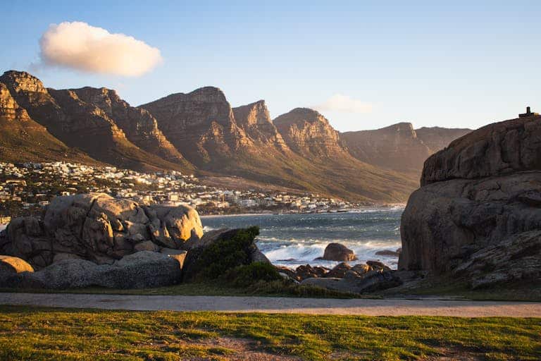 Stunning view of the Twelve Apostles mountain range in Cape Town, South Africa, at sunset.
