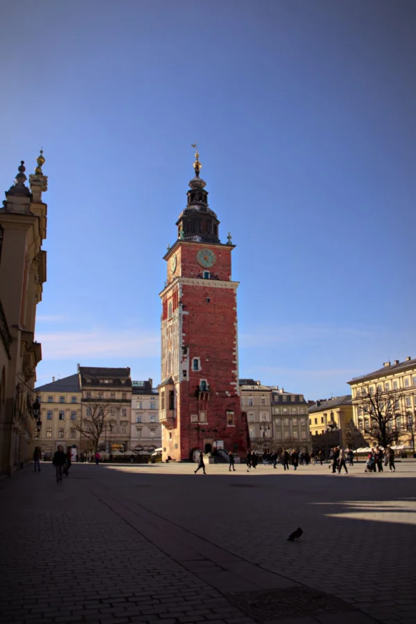 The iconic Town Hall Tower in Kraków's Main Square, showcasing gothic architecture under a clear blue sky.