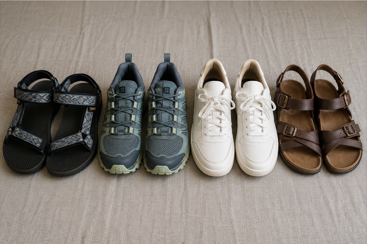 Four pairs of shoes standing next to each other, ready to be packed for Indonesia: a pair of teva's, trainers, trailrunners and city sandals. 