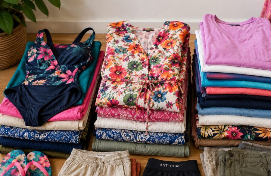 Three neat piles of clothing, ready to be packed for Indonesia. 