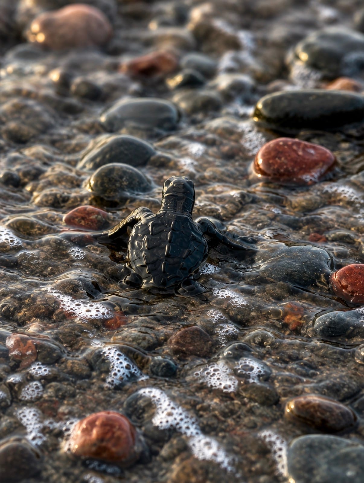 Baby turtle being released into the sea near Ketapang, Java
